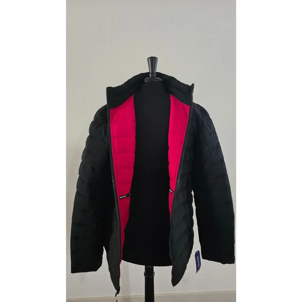 NWT Nautica Men's Black Water Resistant Puffer Jacket XL Full Zip Active Stretch